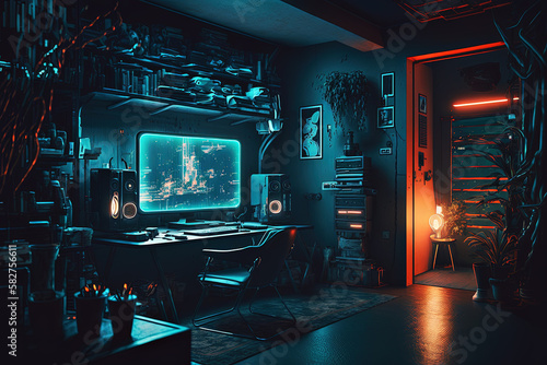 Cyberpunk room. created with Generative AI technology