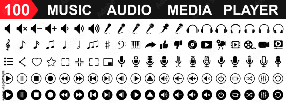 Obraz Set 100 media player control icons, music, sound and cinema icon set, interface multimedia symbols video and audio, media player buttons, music speaker volume – stock vector fototapeta, plakat