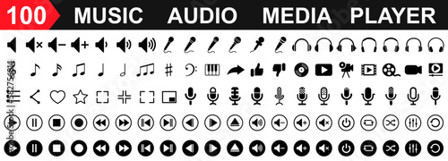 Fotografie, Obraz Set 100 media player control icons, music, sound and cinema icon set, interface