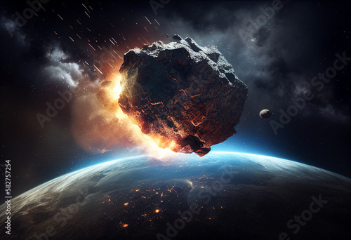 Asteroid falling to planet. AI generated illustration