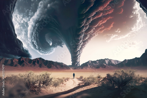The tornado destroys the landscape. It can cause extremely high damage. Tornado background with double exposure. AI generated illustration.