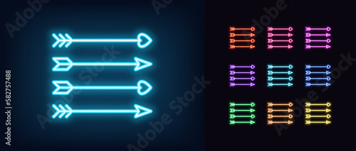 Outline neon bow arrow icon set. Glowing neon bow arrow with heart shape arrowhead, cupid arrow pictogram. Love weapon, decorative romantic arrows, target and direction.