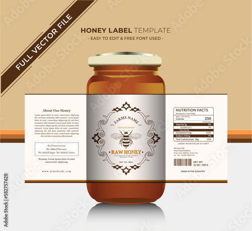 Ray honey design and natural pure honey bee label with vector new honey jar label product sticker design creative packaging gold honey and black label organic food custom label.