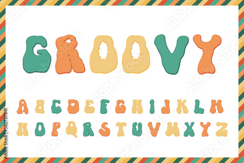 Groovy rave alphabet font in vector. Trippy letters clipart isolated cartoon art. Trendy freaky doodle psychedelic text. Hippie rainbow groove slogan symbol. Wavy funky groove nostalgia graphic