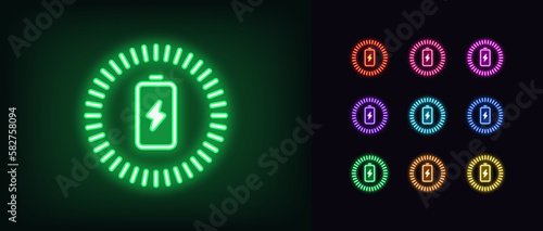 Outline neon charging battery icon set. Glowing neon battery with lightning sign and charging circle, wireless electric charger. Inductive dock station for charging devices.