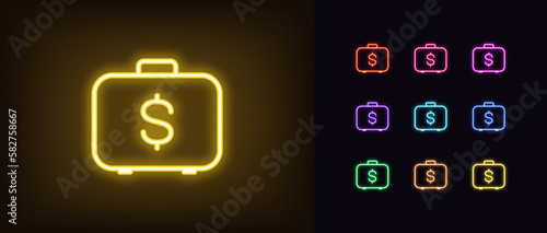 Outline neon money suitcase icon set. Glowing neon briefcase with dollar sign, investment portfolio pictogram. Money and fund management, business case, finance education.