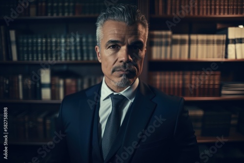 Portrait of confident attorney standing,  blur lawyer office bookshelf background. Generative AI