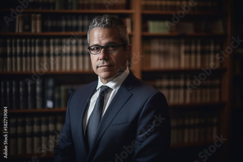Portrait of confident attorney standing, blur lawyer office bookshelf background. Generative AI