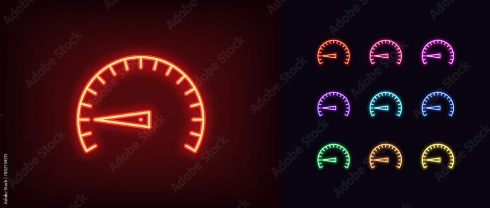 Getting Slower Pictogram Outline neon low speed icon set. Glowing neon speedometer with scale ...