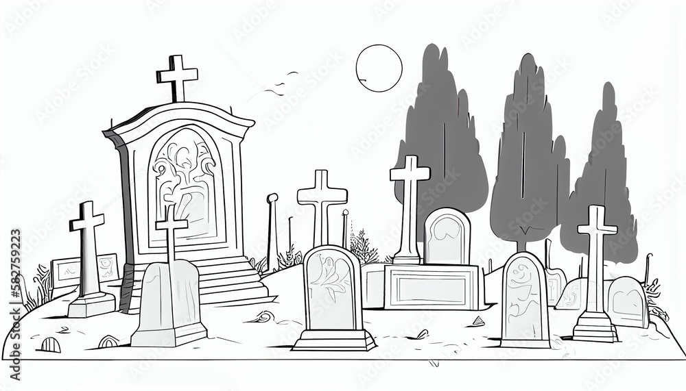Cemetery landscape at night, tombstone with RIP inscription, cartoon. Gravestones with cross, angel figure, ossuary or crypt in moonlight, halloween illustration isolated on white background