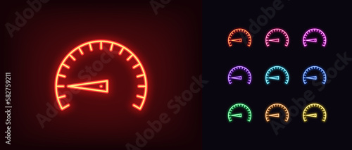 Outline neon low speed icon set. Glowing neon speedometer with scale and arrow, slow velocity and low efficiency pictogram. Speed test and indicator, minimal level, bad output capacity.