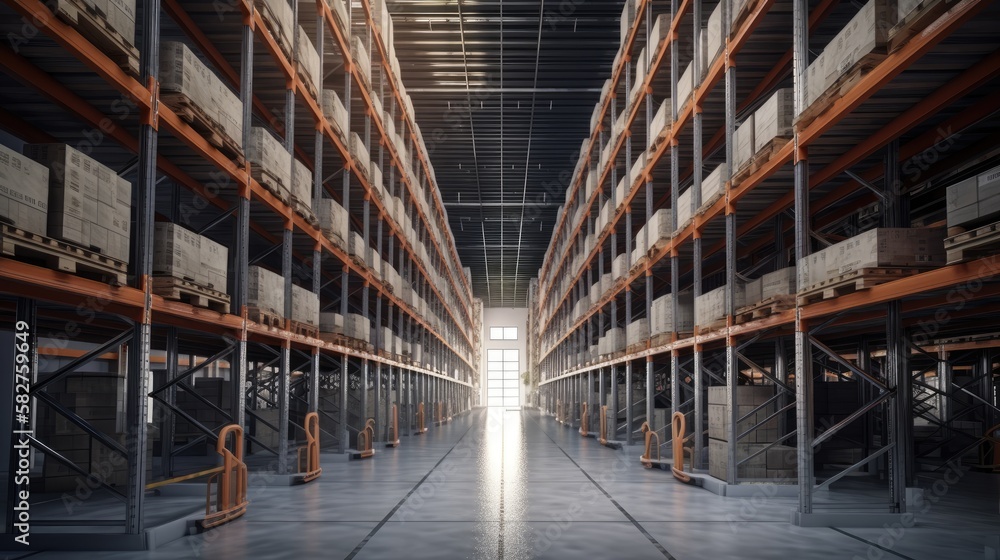 Huge distribution warehouse with high shelves. generative ai