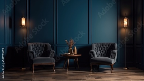 Living room or buisness hall scene in deep dark colors. Combination of blue and chocolate brown. Empty wall blank - navy background and dark beige armchairs. generative ai