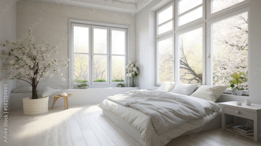 Fototapeta premium Modern bed room with a window and flowers. generative ai