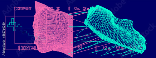 3D face made of a polygonal mesh. Conceptual illustration of face recognition systems. 