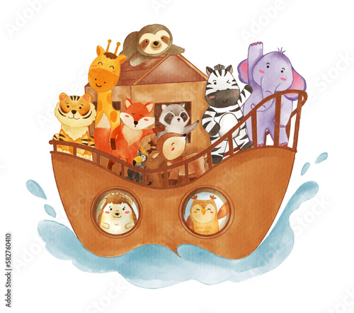 Fototapeta Naklejka Na Ścianę i Meble -  Noah 's ark with many wildlife animals . The flood concept . Realistic watercolor paint with paper textured . Cartoon character design . Vector .