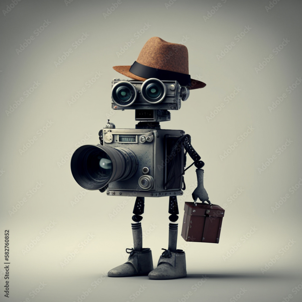 A cool standing robot wearing glasses and a hat holding a camera poses,preparing for an advertisement. generative ai.