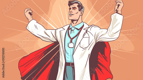 Doctor super-hero in a white robe with red cape, National doctors day celebration. Vector isolated cartoon style drawing.