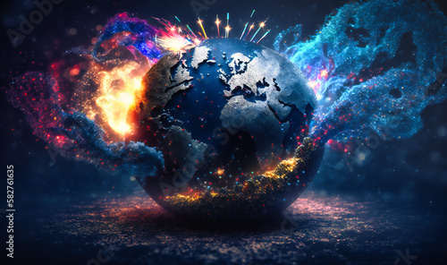 A dazzling globe manipulation background with fireworks representing global celebrations and culture