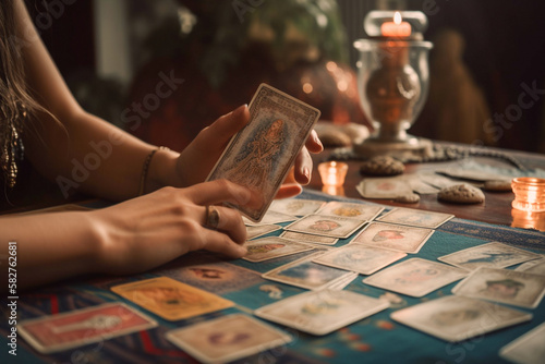 closeup of a woman's hands reading tarot cards at a table a mystical environment, generative ai