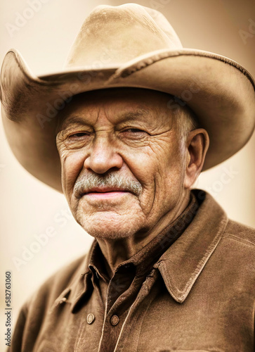 old white cowboy with a wide hat, a brown shirt and a wrinkled face tanned by wind and weather with traces of life, made with generative AI