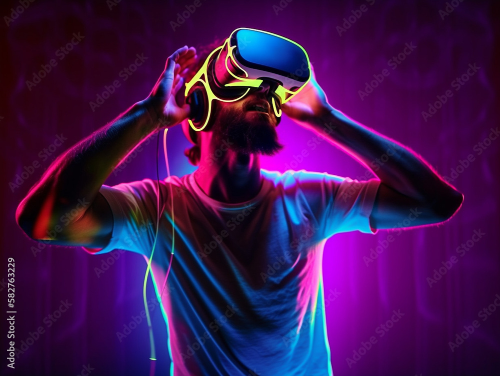 Young man with neon lights wearing VR headset and experiencing virtual reality simulation, metaverse and fantasy world. Young man with neon lights wearing VR headset and experiencing virtual reality simulation, metaverse and fantasy world.