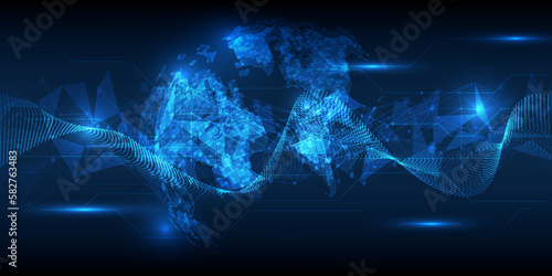 Vector illustration of data steaming dots network waveform pass over futuristic globe for digital hi tech advertising and game artwork.Digital communication innovation and technology concepts. 