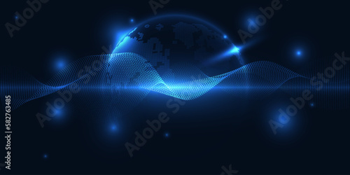 Vector illustrations of hologram hi tech globe floating on futuristic digital circuit line and glowing dots.Future tech and digital tech design concepts.