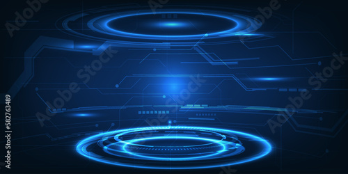 Vector illustrations of Futuristic digital technology hi tech stage for showcase with neon blue pedestal circle platform and laser ring and hexagonal pattern for digital advertising and game artwork.