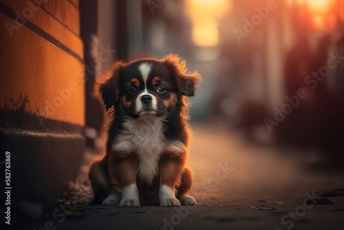 portrait of a little puppy on the street AI