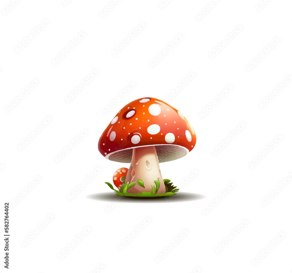 Poisonous cartoon forest mushroom with red hat and white spots. Vector illustration, print for background, print on fabric, paper, wallpaper, packaging. Poisonous cartoon forest mushroom with red hat and white spots. Vector illustration, print for background, print on fabric, paper, wallpaper, packaging.