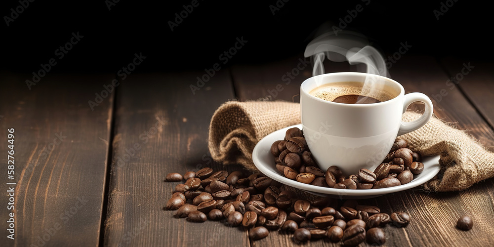 cup of coffee with beans on dark wood background, generative ai cup of coffee with beans on dark wood background, generative ai