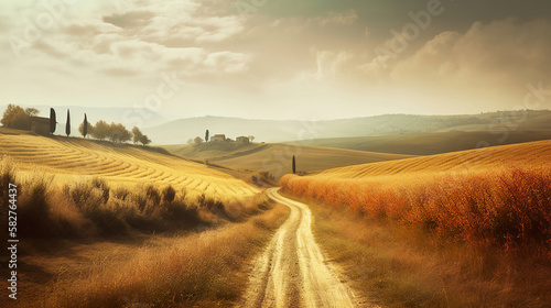 beautiful summer landscape with golden wheat crop field, beautiful sky, curvey road, morning lights, generative ai
