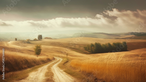 beautiful summer landscape with golden wheat crop field, beautiful sky, curvey road, morning lights, generative ai