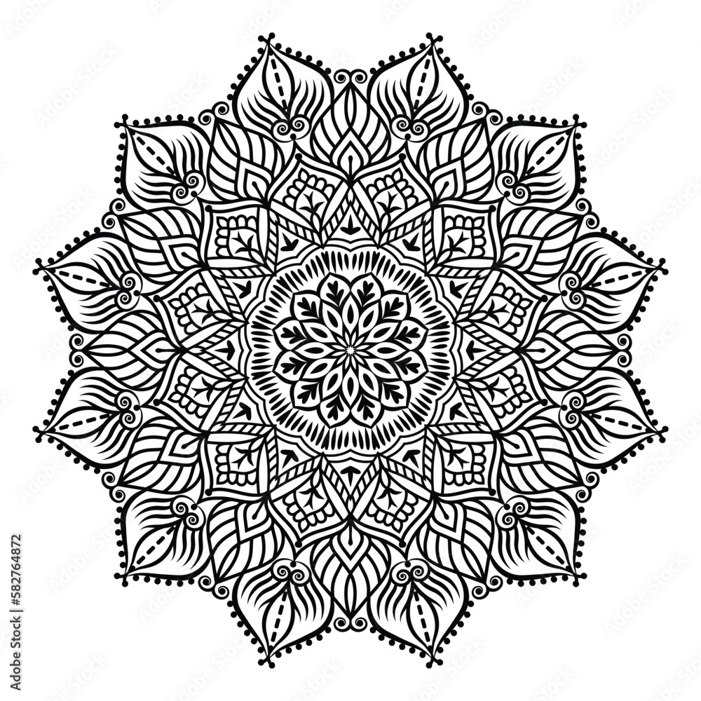Circular pattern in form of mandala for Henna, Mending, tattoo, decoration. Decorative ornament in ethnic oriental style. Coloring book page.