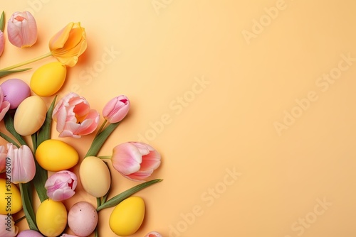 Golden Easter eggs with Tulips on Yellow Background. generative ai.