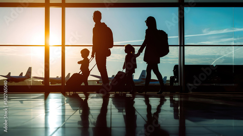 silhouettes of people in airport, family travel, generative ai