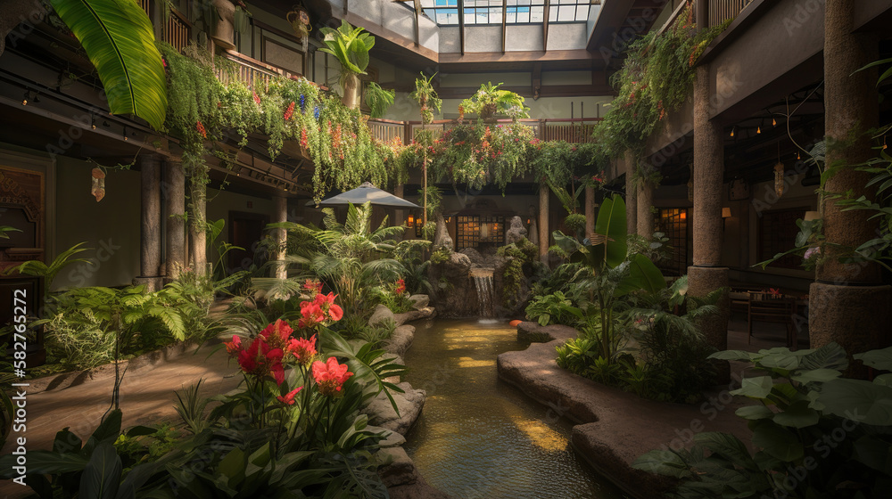 lush tropical indoor garden with trees, misty greenhouse, generative ai