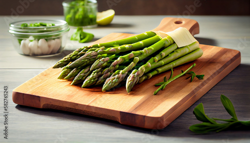 banches of fresh green asparagus on wooden background, top view photo
