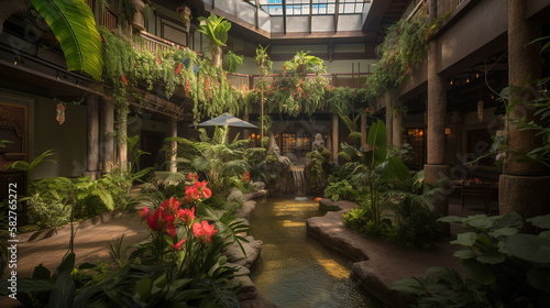 lush tropical indoor garden with trees, misty greenhouse, generative ai
