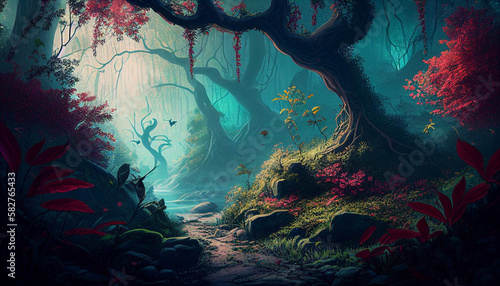 Fantasy magical forest path  landscape  night  generative AI