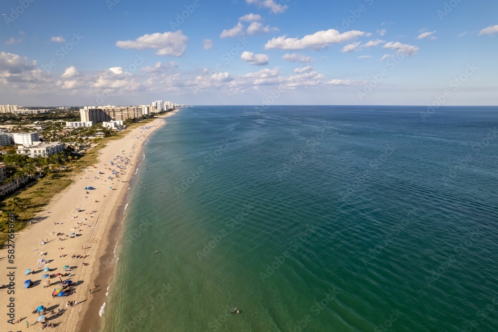 Aerial view of the sandy beach divided with waters in Fort Lauderdale, Florida