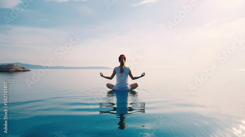 young woman doing morning yoga exercise in the ocean beach, generative ai