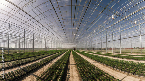 green plants inside of a big modern greenhouse, generative ai © Gbor
