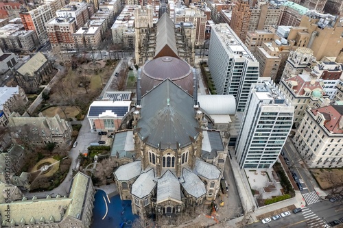 Aerial view of old architectural St. John the Divine's north building in New York City