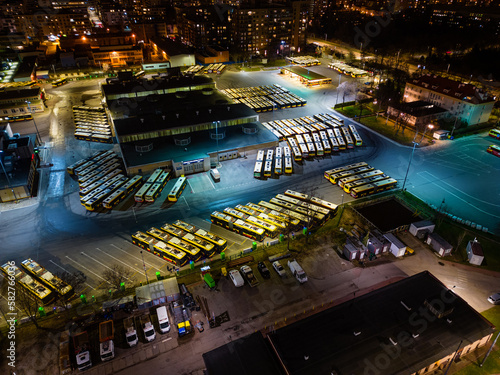 Night aerial view of bus depot