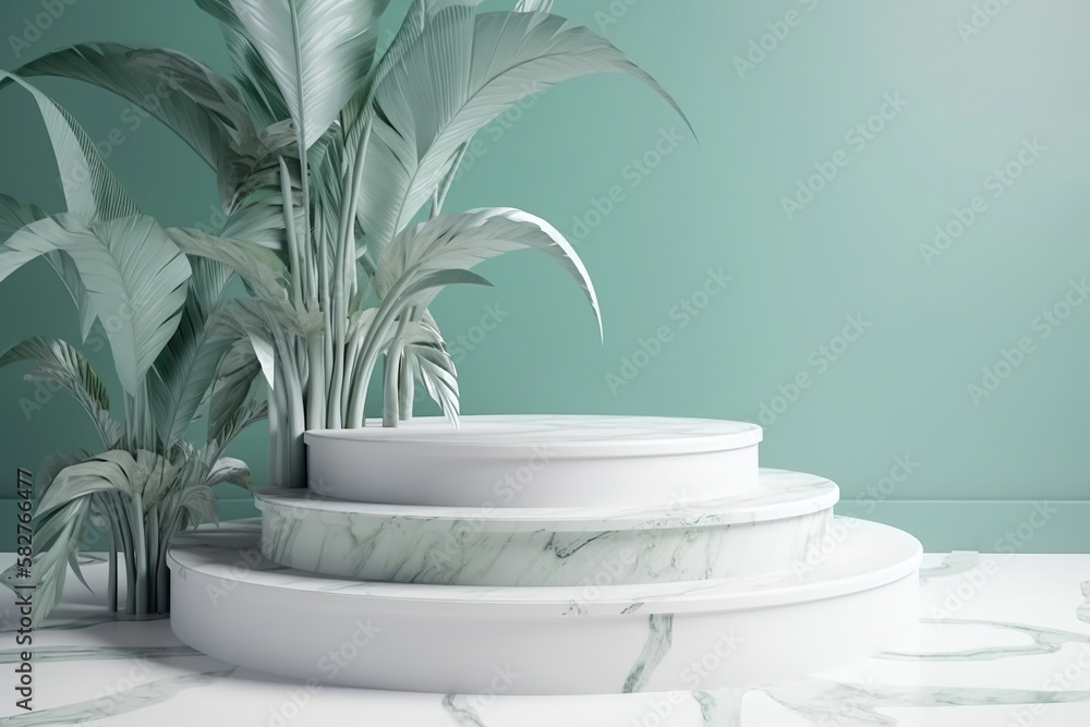 beautiful white marble empty round shaped podium for luxury whitening beauty skincare products display backdrop, templates with natural green leaves, plant twig, foliages leaves, copy space beautiful white marble empty round shaped podium for luxury whitening beauty skincare products display backdrop, templates with natural green leaves, plant twig, foliages leaves, copy space