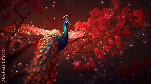beautiful magical fantasy colorful peacock in the red leaves forest, generative ai