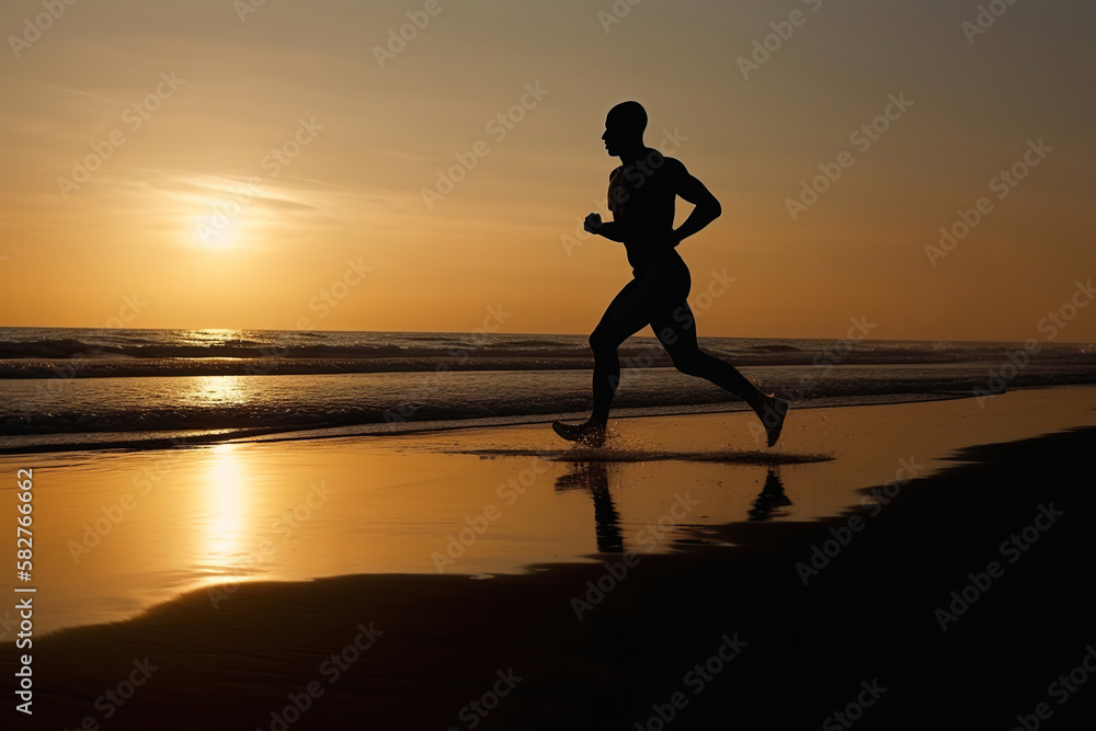 silhouette of a person running on the beach at sunset, generative ai