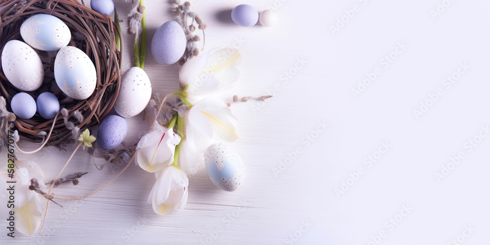 happy easter, easter eggs and flowers on white background, generative ai happy easter, easter eggs and flowers on white background, generative ai